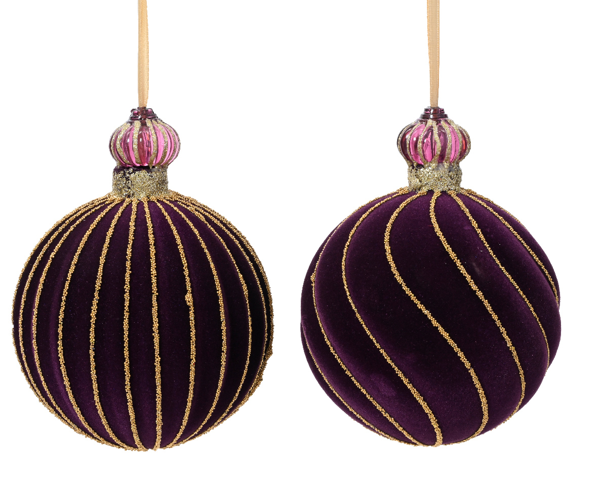 Bauble glass glass velvet finish w crossing wire and glitter lines 2ass