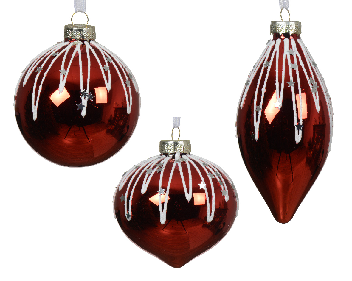 Bauble glass shiny w white glitter lines and stars 3ass