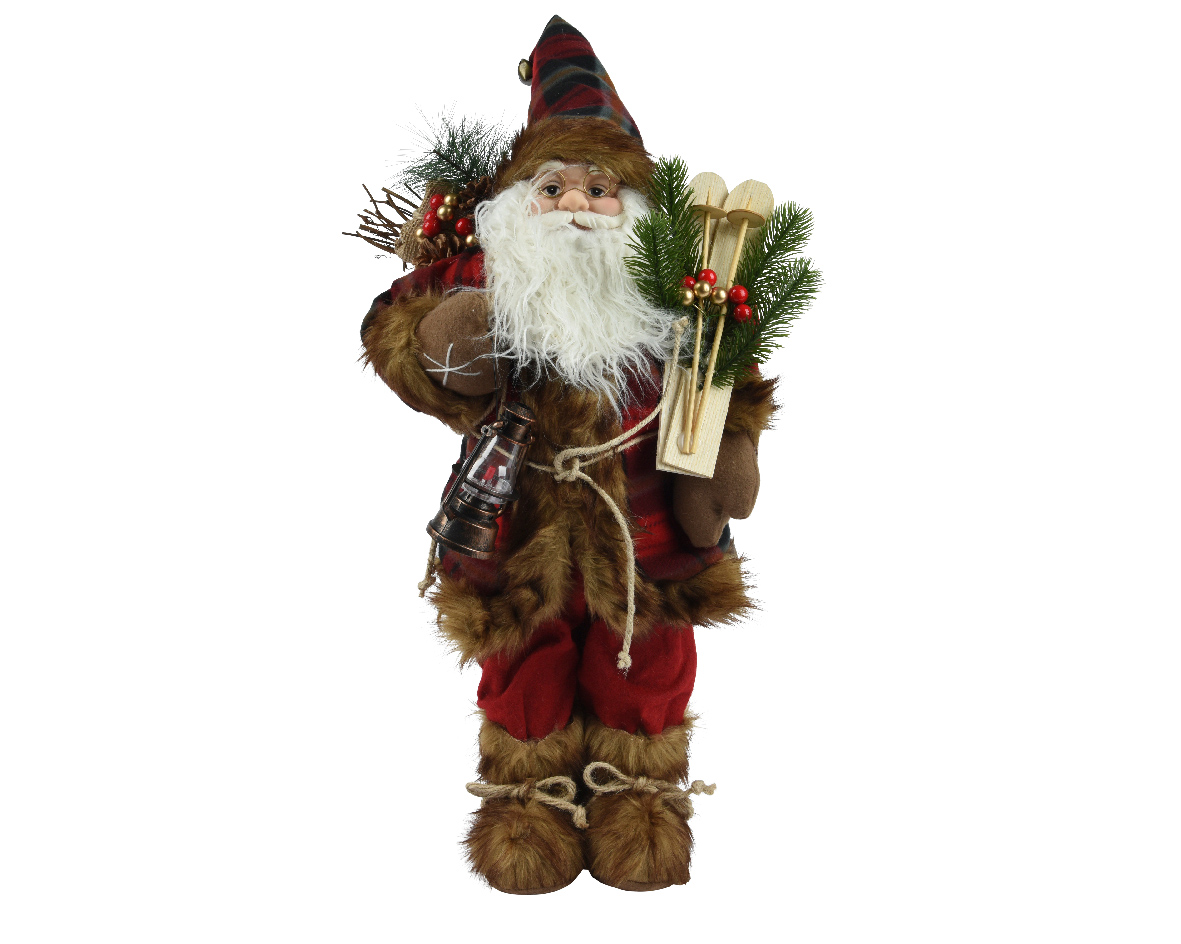 Santa polyester plastic body with red coat in check pattern with christmas hat branch/berry. ski. lantern