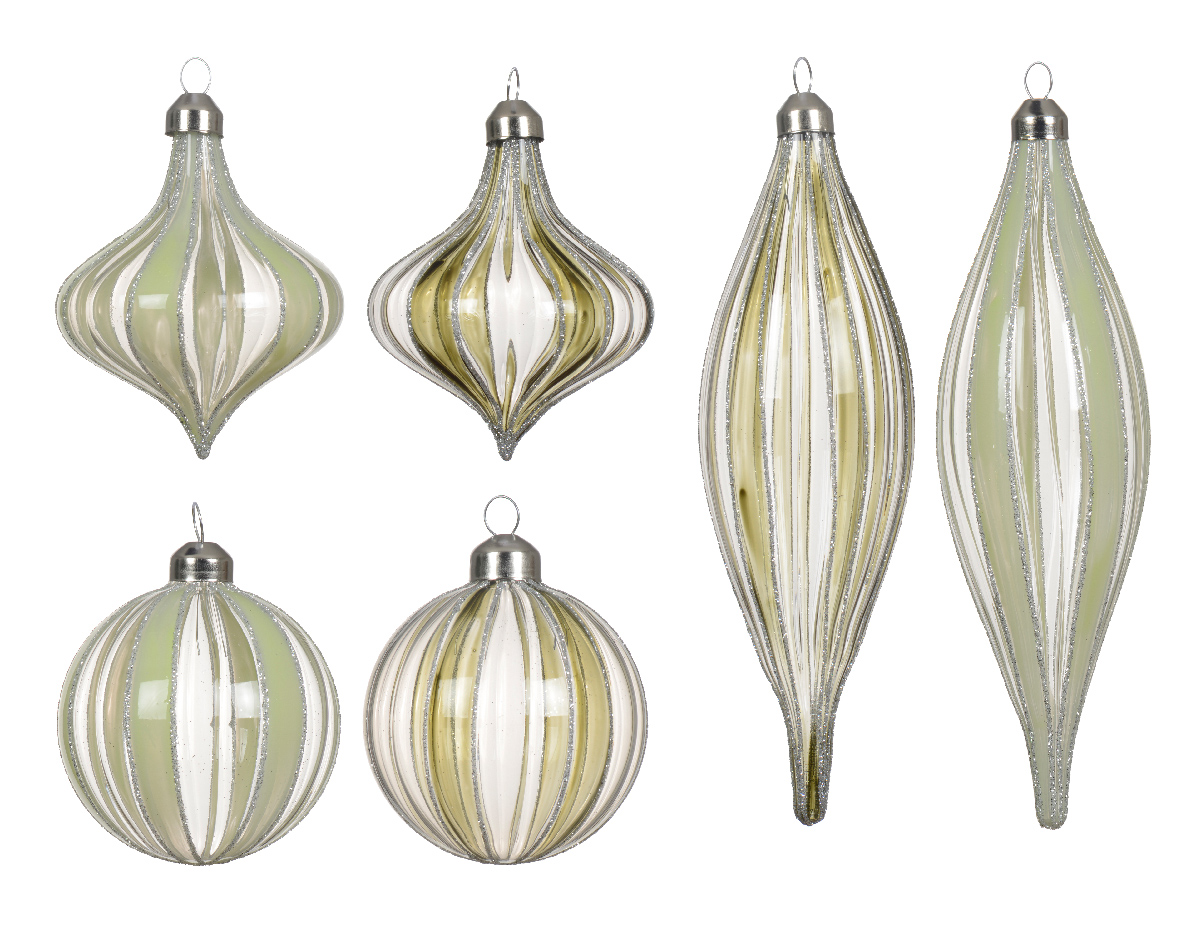 Bauble glass transparent color w vertical stripes 6ass