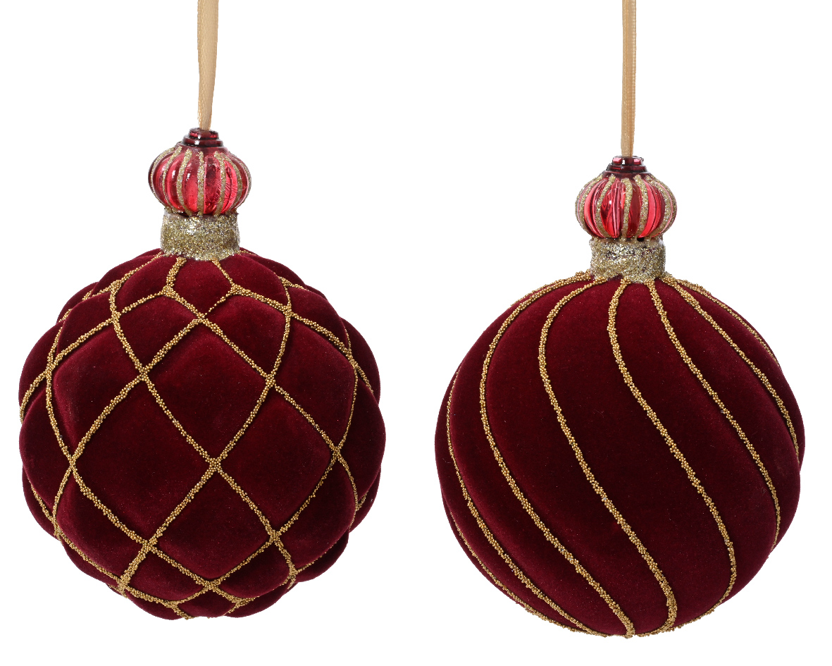 Bauble glass glass velvet finish w glitter swirl and glitter crossing wire 2ass