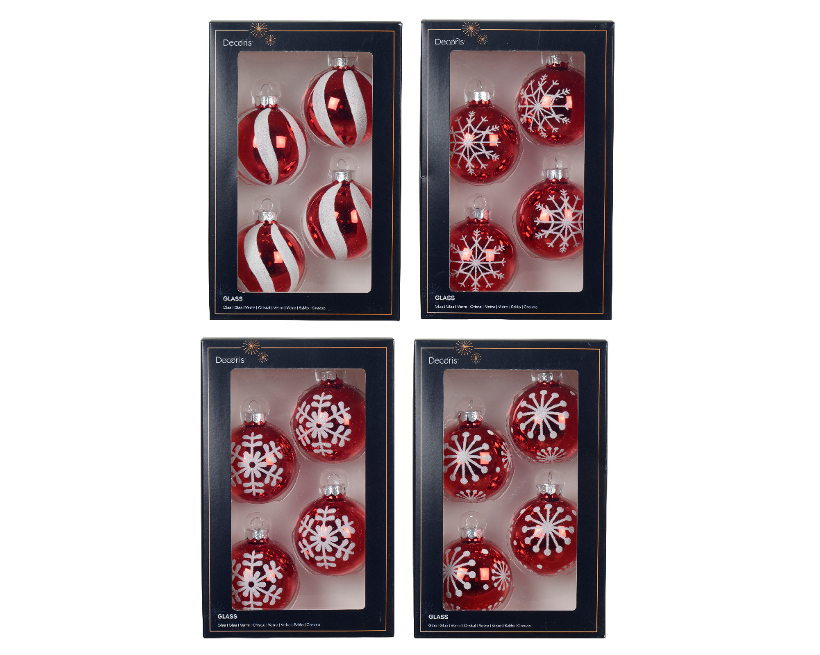 Baubles glass white glitter 4ass