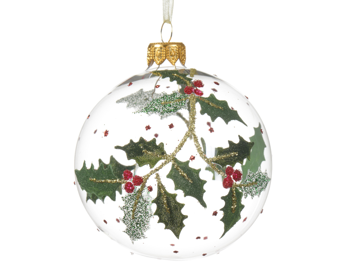 Bauble glass clear holly with berries