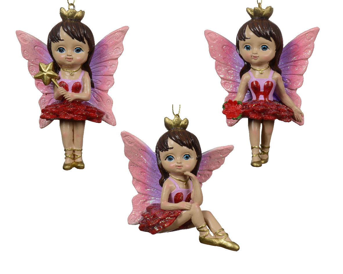 Fairy polyresin hanger w butterfly wing and crown 3ass