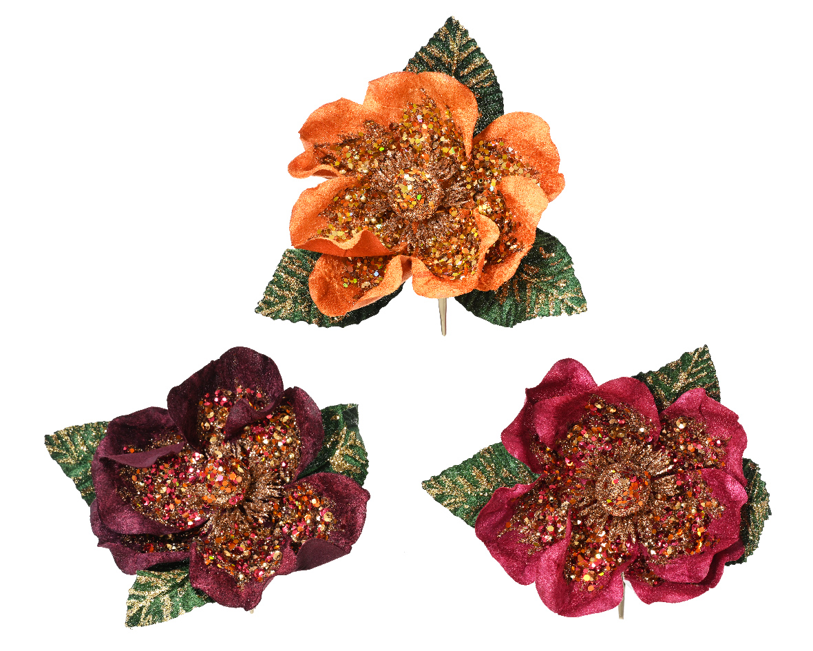 Flower on clip polyester velvet glitters acrylic beads 3col ass