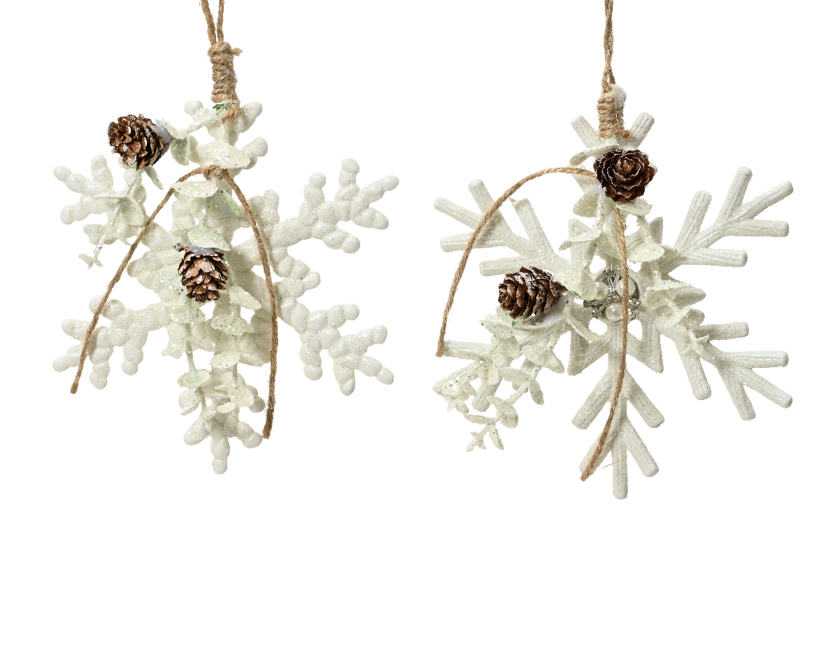 Snowflake plastic with beads and pinecone 2ass