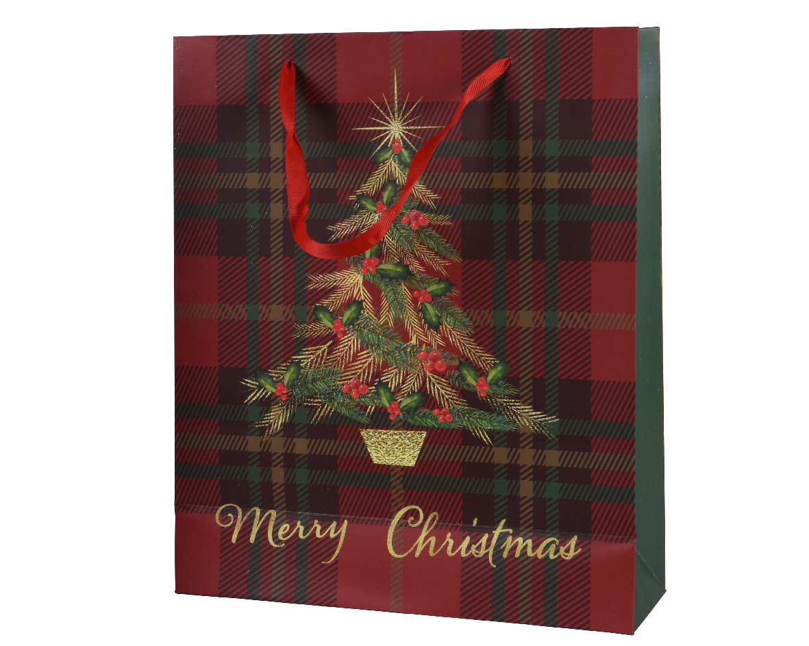 Giftbag paper rectangle glitter check-xmas tree with handle fsc 100%