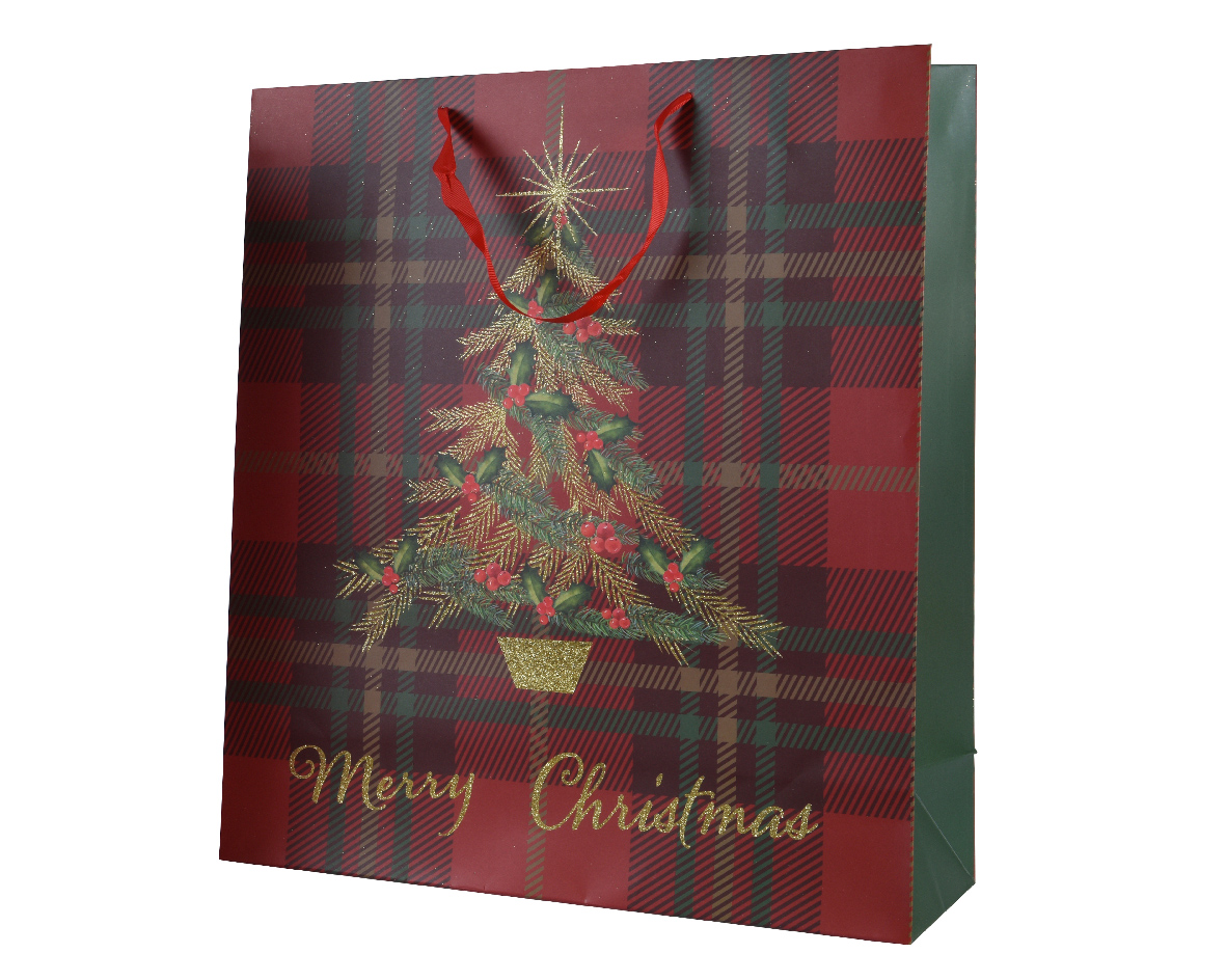 Giftbag paper rectangle glitter check-xmas tree with handle fsc 100%