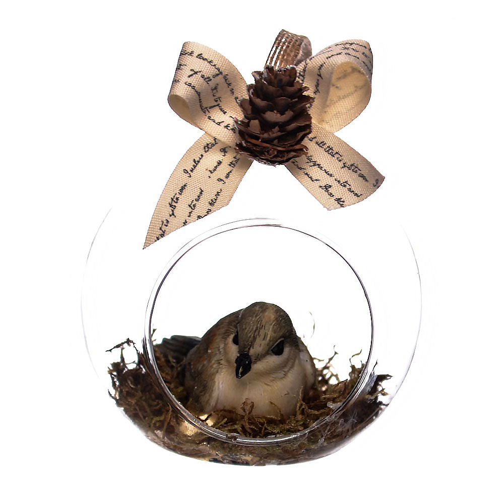 Χειροποίητη χριστουγεννιάτικη μπάλα, γυάλινη με τρύπα, με καφέ πουλάκι, 8cm