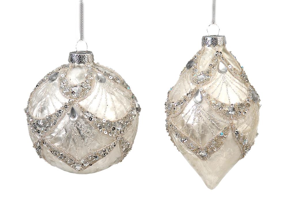 10cm white glass ball - onion w/ glitter design, 1ΤΜΧ