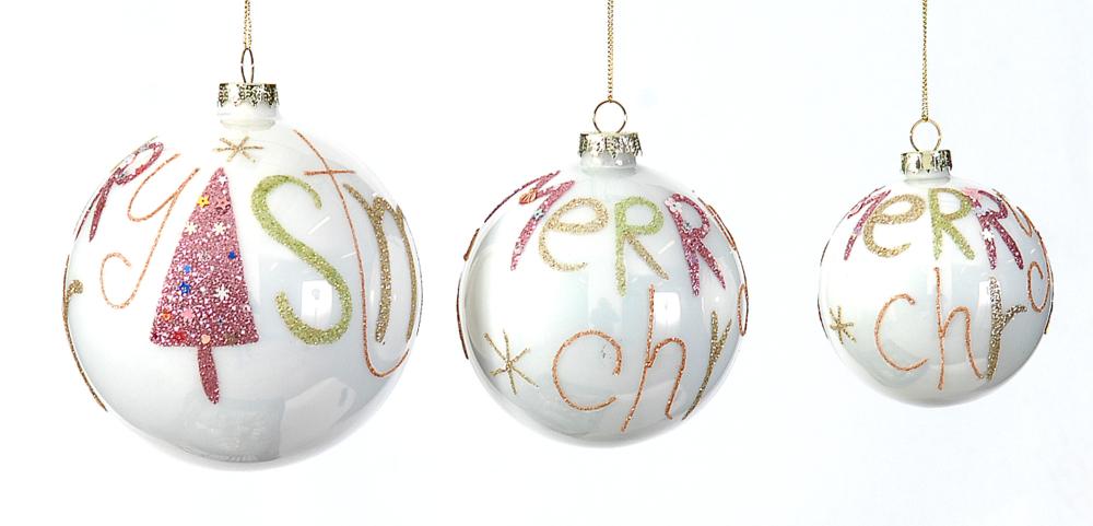 12/48-10cm Glass white ball w/merry christmas text