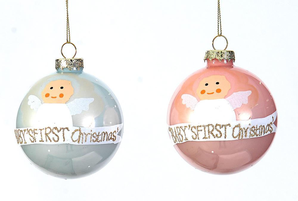 8cm Glass enamel light blue/pink w/baby's 1st christmas text, 1ΤΜΧ
