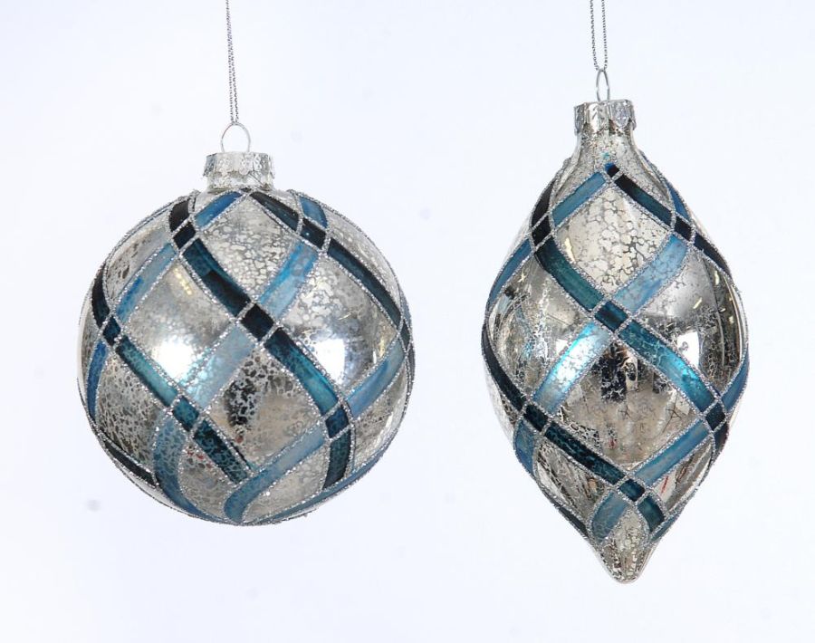 10cm Glass silver ball/drop orn w/blue stripes, 1ΤΜΧ