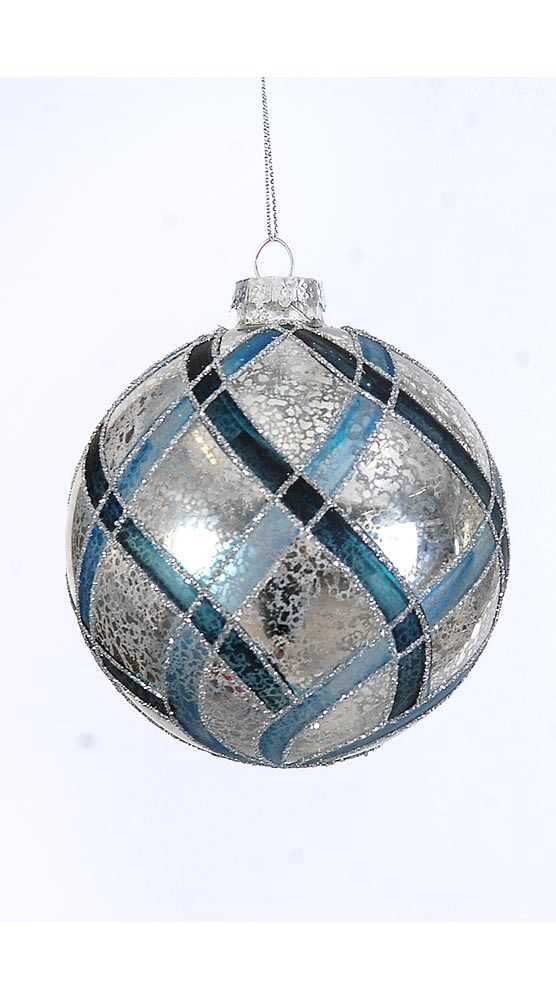 10cm Glass silver ball/drop orn w/blue stripes, 1ΤΜΧ-Design A