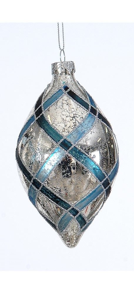 10cm Glass silver ball/drop orn w/blue stripes, 1ΤΜΧ-Design B