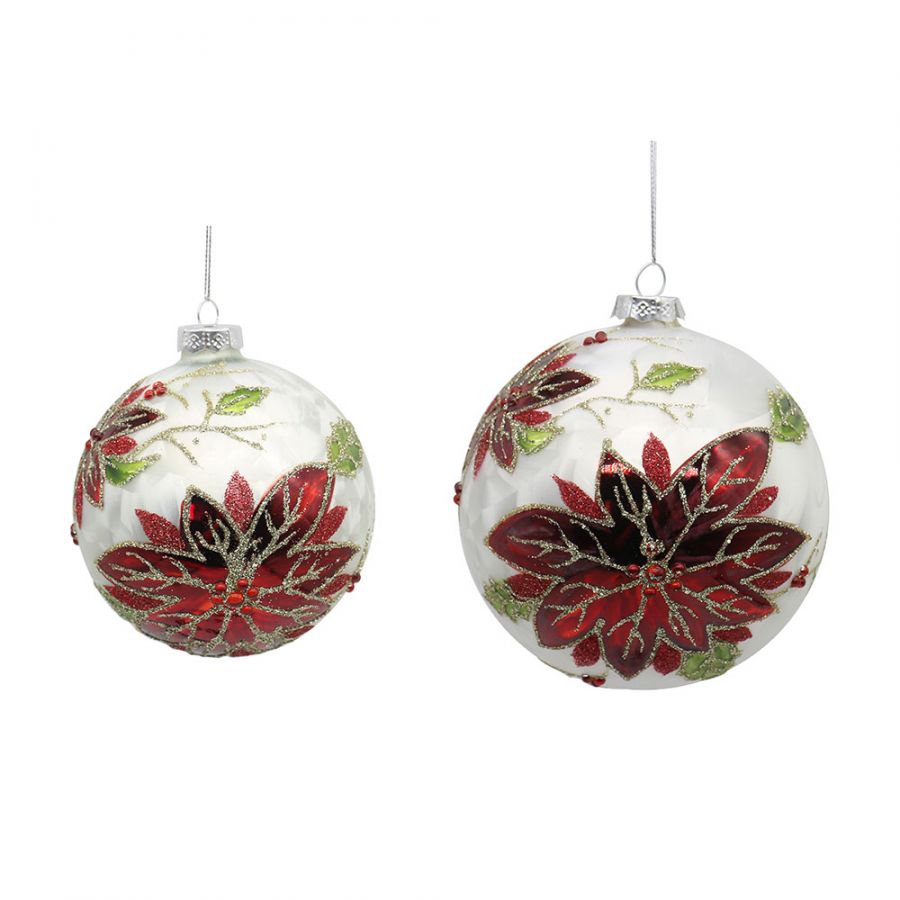 12/48-10cm Glass white ball w/red flowers