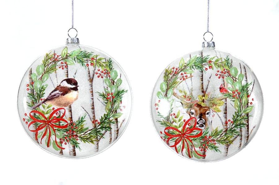 12cm Glass disc ornament w/bird/deer design, 1ΤΜΧ