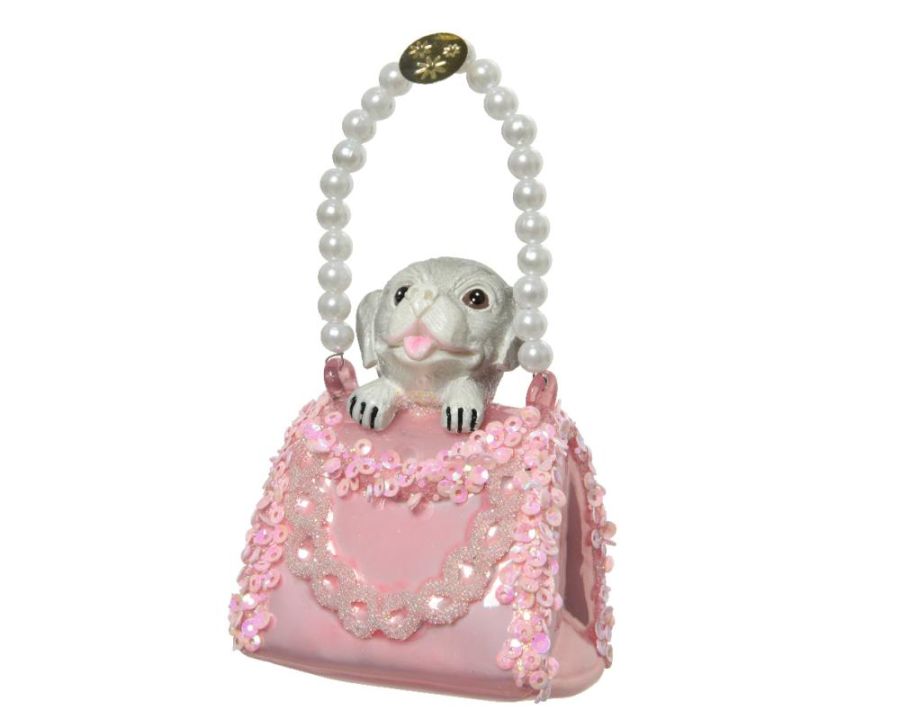 Bag glass polyresin dog, pearls, sequins
