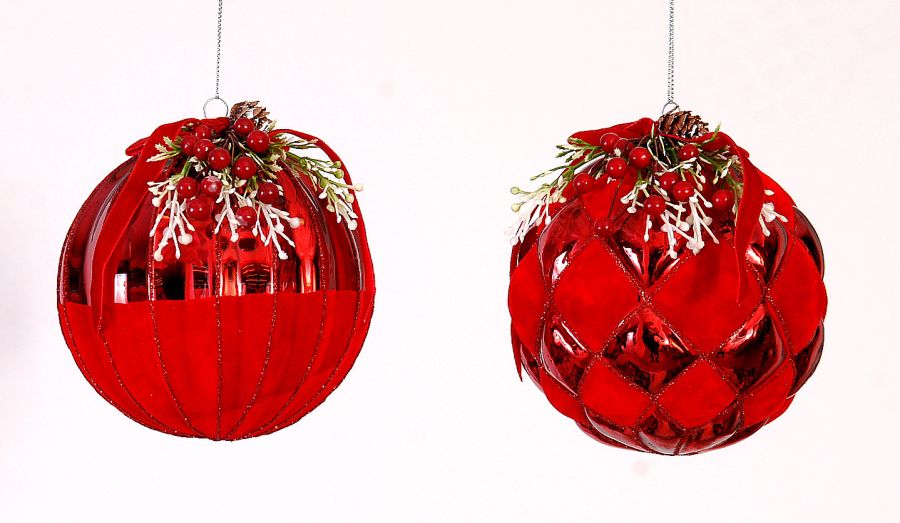 12/48-2Asst 10cm Glass red balls w/bow & mistletoe