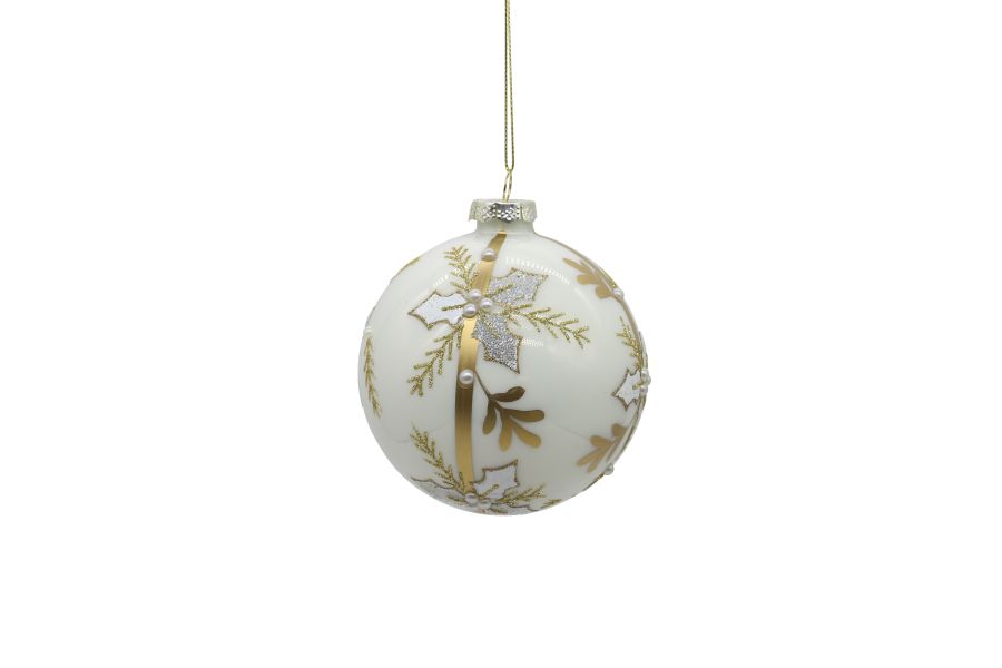 12/48-10cm Glass silver w/gold mistletoe design ball