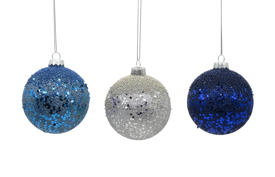 12/96-3Asst 8cm Glass drk blue, silver & blue w/glitter balls