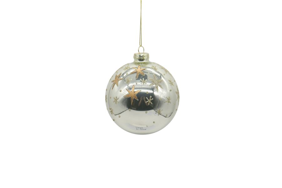 12/48-10cm Glass white w/gold stars ball