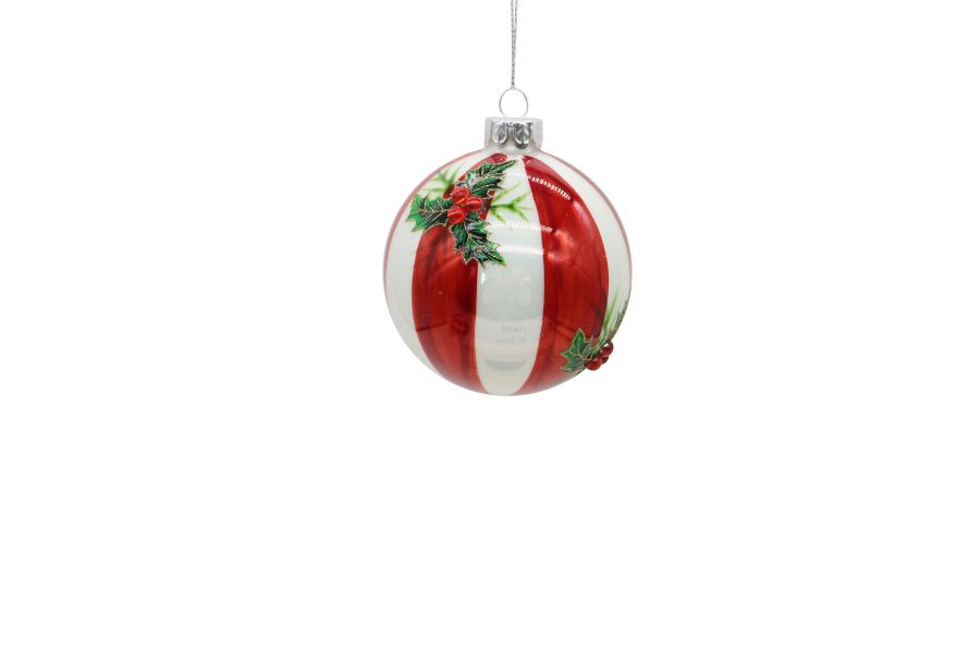 12/96-8cm Glass red & white w/mistletoe design ball