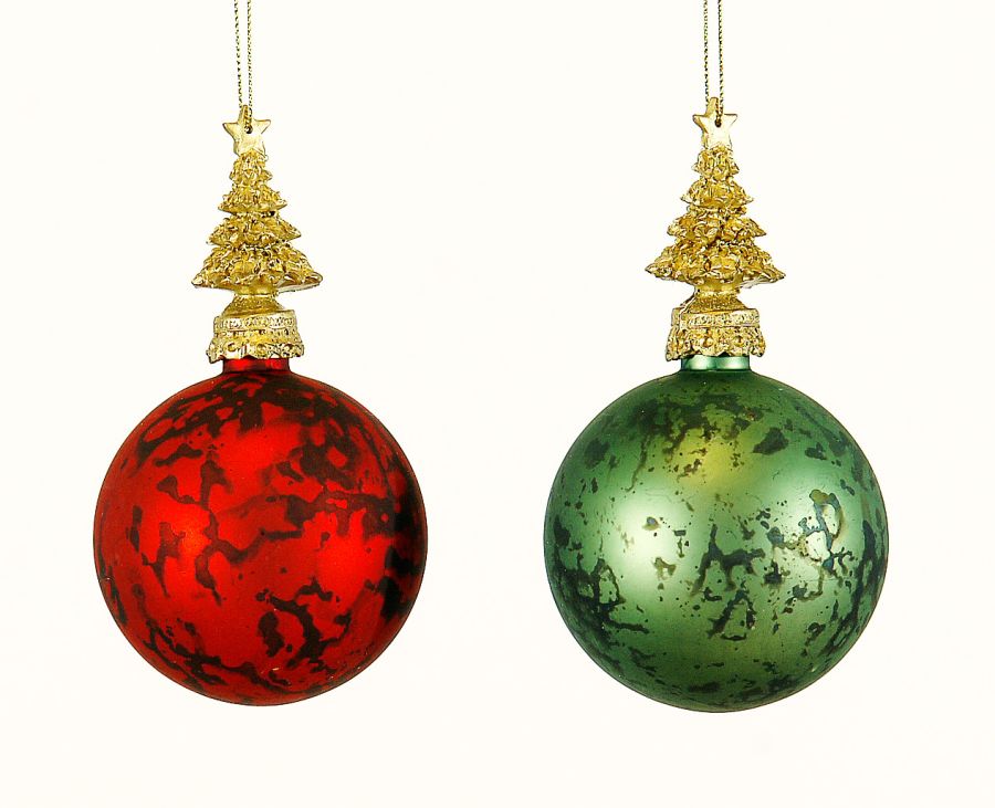 12/36-2Asst 8cm Glass red & green w/gold tree on the top balls