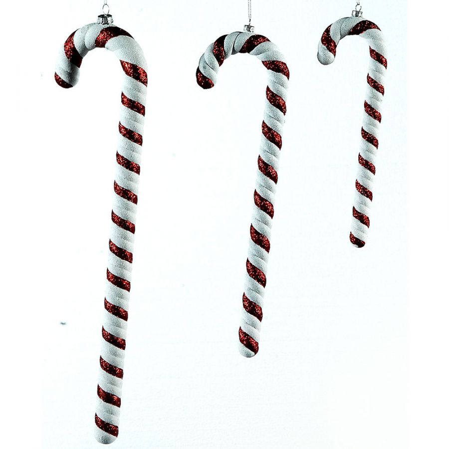 12/48 - 35cm glittered red/white plastic candy cane orn