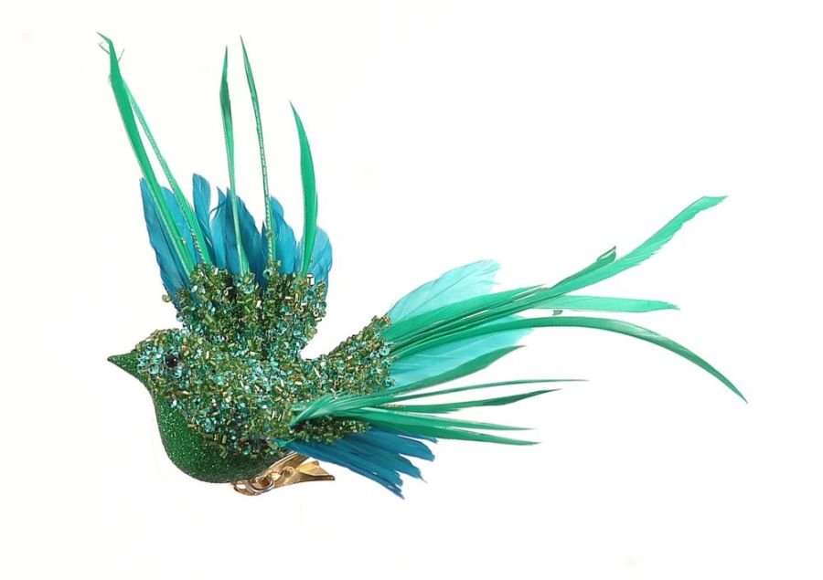 6/72-8cm plastic green glitter bird w/cllip