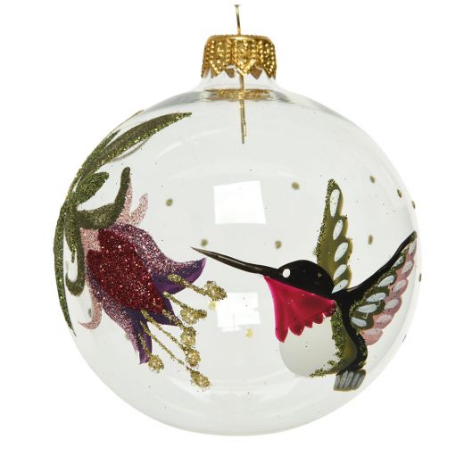 Χριστουγεννιάτικη μπάλα, γυάλινη, διάφανη, με ζωγραφισμένο πουλί και λουλούδι, 8cm