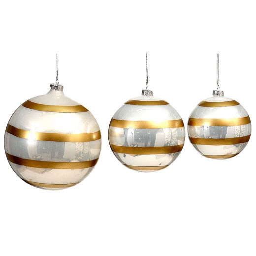 Χριστουγεννιάτικη μπάλα, γυαλιστερή λευκή περλέ με χρυσές λορίδες, 10cm