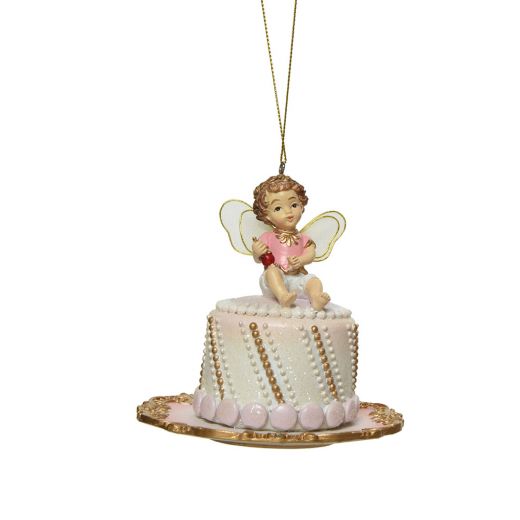 Χριστουγεννιάτικο στολίδι, άγγελος πάνω σε τούρτα, ροζ με γκλίτερ, 11cm