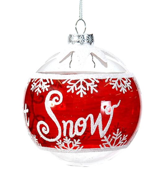10cm Glass transp.ball w/red desing "Let it Snow"