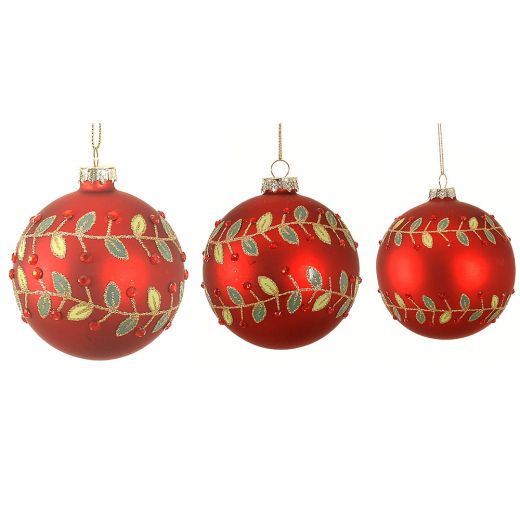 Χριστουγεννιάτικη μπάλα, γυάλινη, κόκκινη με πράσινα φύλλα, 8cm