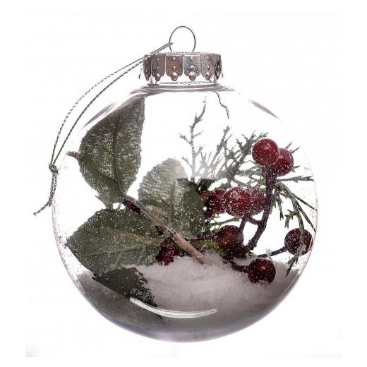 Χειροποίητη χριστουγεννιάτικη μπάλα, polystyrene, με berries, φύλλα και χιόνι, 10cm