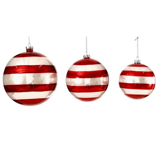 Χριστουγεννιάτικη μπάλα, γυάλινη, κόκκινη/άσπρη με ρίγες, 10cm 