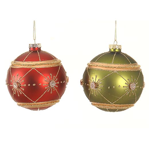 Χριστουγεννιάτικη μπάλα, γυάλινη, πράσινη/κόκκινη, με σχέδιο χιονονιφάδα, 10cm