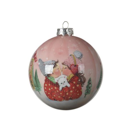 Χριστουγεννιάτικη μπάλα, ροζ/άσπρη, με σχέδιο, 8cm-Ροζ