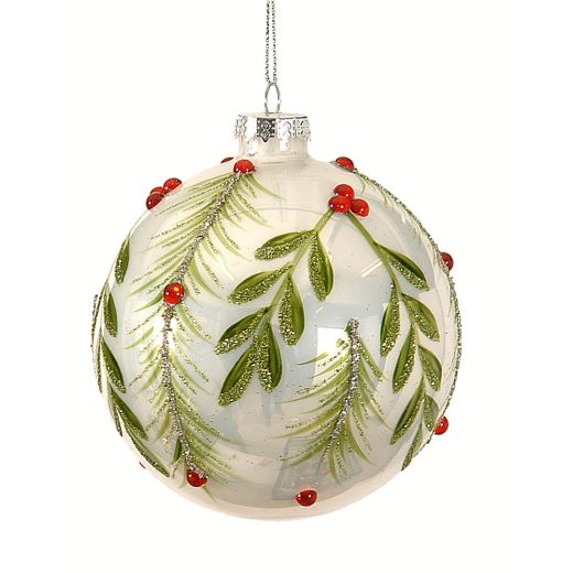Χριστουγεννιάτικη μπάλα, διάφανη-λευκή, γυάλινη, με πράσινα φύλλα, 10cm