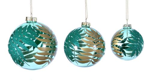 12/48-10cm Glass transp. green ball w/leaf design