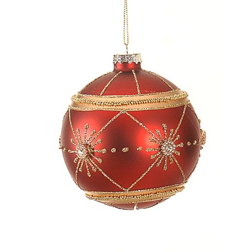 Χριστουγεννιάτικη μπάλα, γυάλινη, πράσινη/κόκκινη, με σχέδιο χιονονιφάδα, 10cm-Κόκκινο