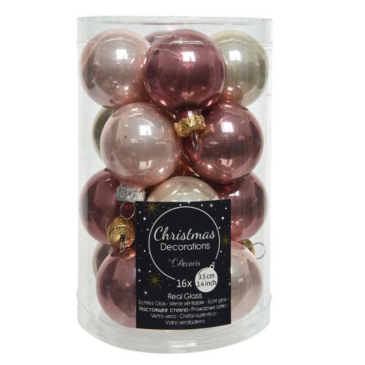 Χριστουγεννιάτικες μπάλες, σετ 16 ΤΕΜ, γυάλινες, σμάλτο, ροζ/περλέ, 3.5cm
