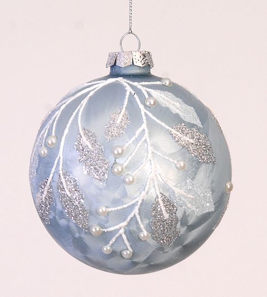 12/48-10cm Glass light blue w/leaf design ball