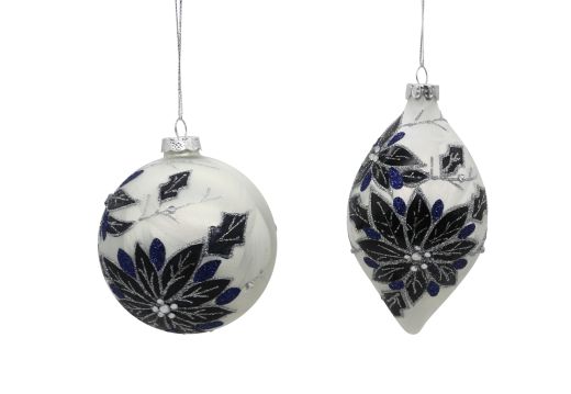12/48-2Asst 10cm Glass white w/blue flower design ball & drop