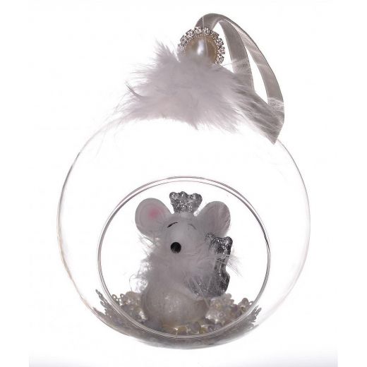 Χειροποίητη χριστουγεννιάτικη μπάλα, γυάλινη με τρύπα, με λευκό ποντικάκι, 10cm