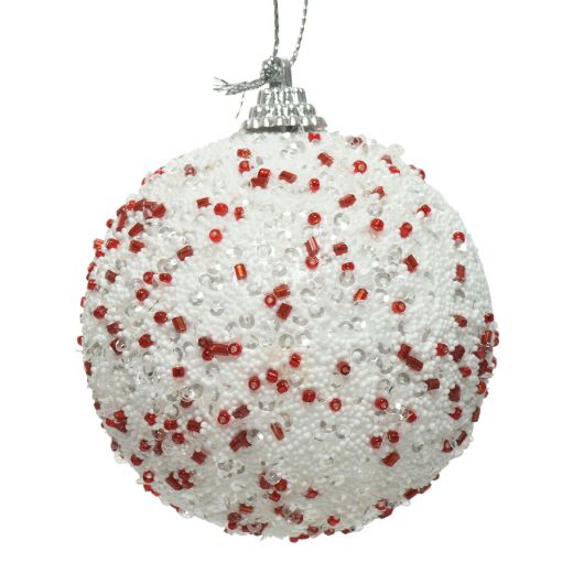 Χριστουγεννιάτικη μπάλα, άσπρη με γκλίτερ και κόκκινες τελείες, 8cm