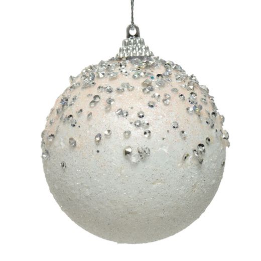 Χριστουγεννιάτικη μπάλα, λευκή με ροζ γκλίτερ και διαμαντάκια, 8cm