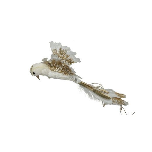 Χριστουγεννιάτικο στολίδι, πουλί λευκό/χρυσό, με γκλίτερ, πούπουλα, με clip, 40cm