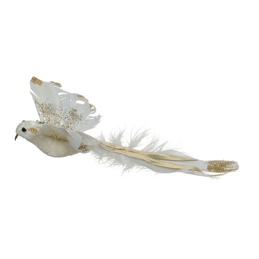 Χριστουγεννιάτικο στολίδι, πουλί λευκό/χρυσό, με γκλίτερ, πούπουλα, 22cm